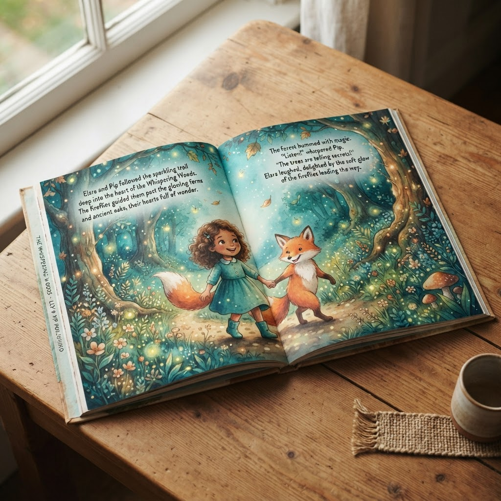 An open illustrated children's storybook created with IllustratorMagic, showing a watercolor scene of a girl and a fox in an enchanted forest